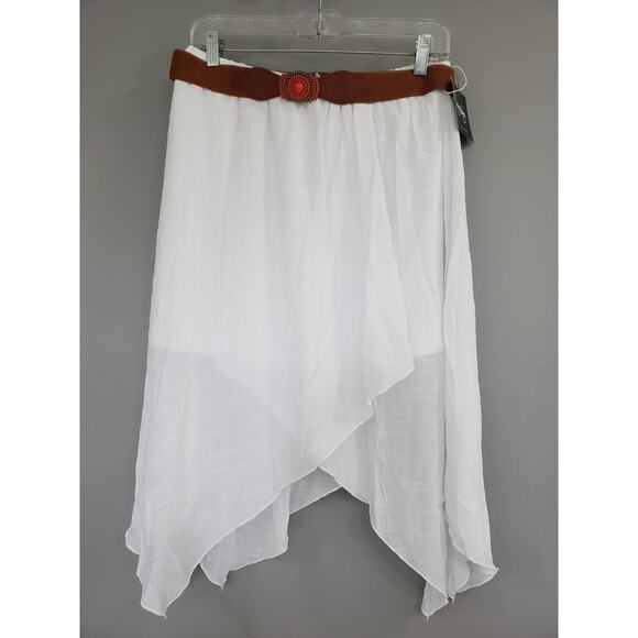 NEW Size Large Junior's y2k 2000s boho hippie bohemian white skirt brown belt - Picture 1 of 4